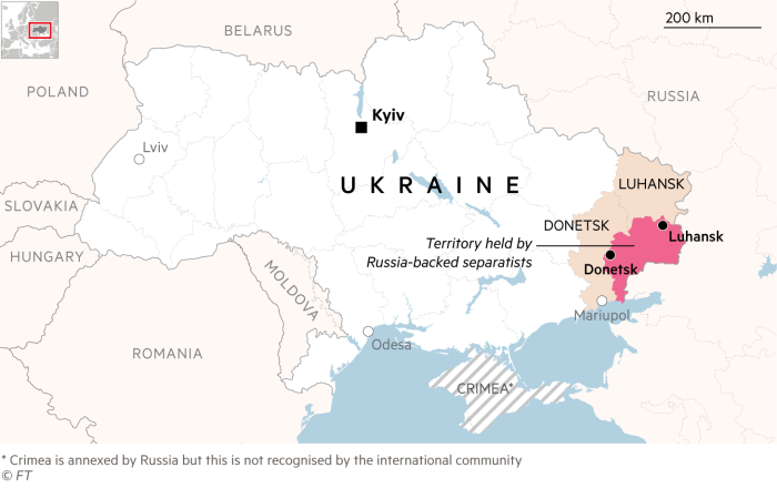 Map showing Ukraine and territory held by Russia-backed separatists in Luhansk and Donetsk