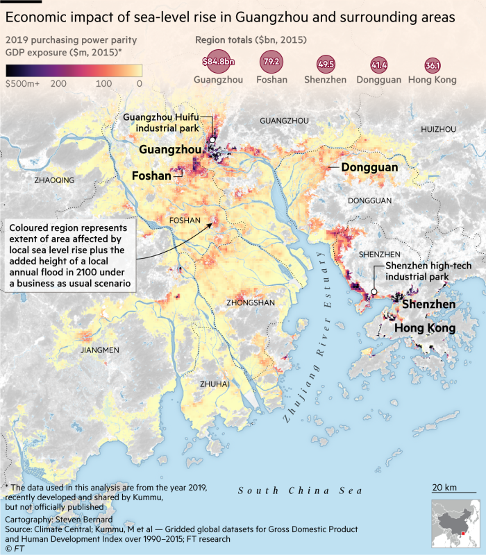 Economic impact of sea-level rise in Guangzhou and surrounding areas. Map and charts showing 2019 purchasing power parity GDP exposure ($m, 2015) in areas affected by local sea level rise plus the added height of a local annual flood in 2100 under a business as usual scenario