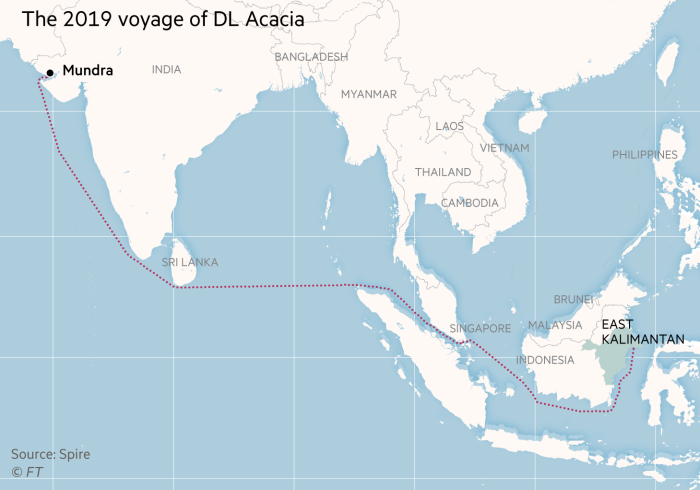 Map showing route taken by sea from Indonesia to Mundra in India