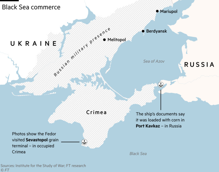 A map showing Sevastopol, Crimea, where the Fedor was photographed, and Port Kavkaz, Russia, which the ship's cargo documents say is where it was loaded