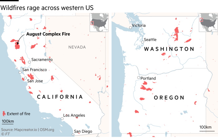 Map showing locations of wildfires in western US