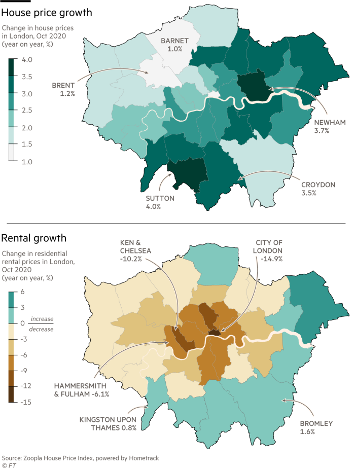 Maps showing house price and rental growth in London, Oct 2020