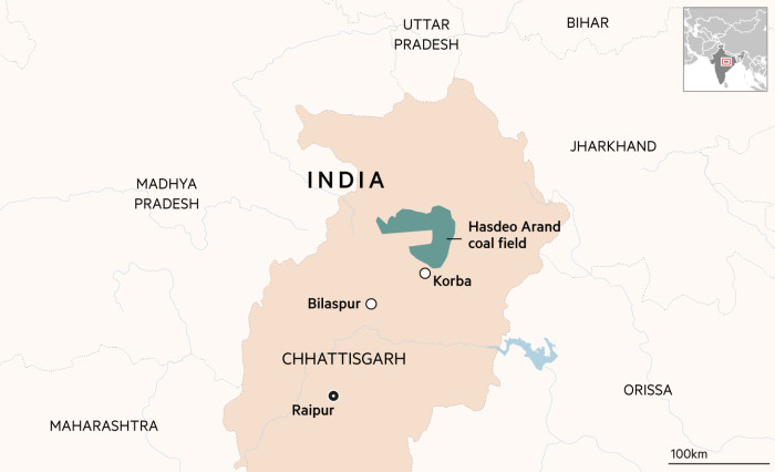 Map of Chhattisgarh state, India showing the Hasdeo Arand coal field 