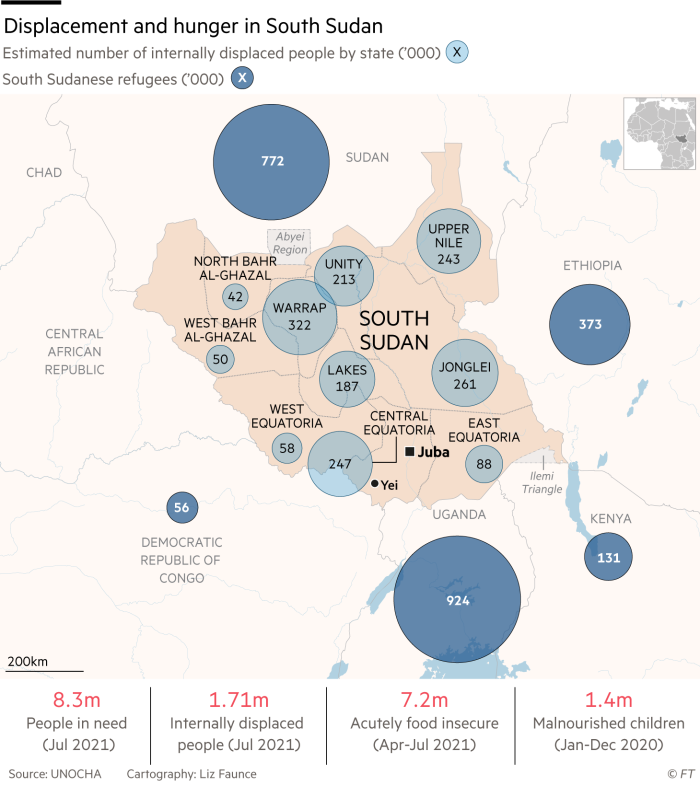 Map showing displacement and hunger in South Sudan, estimated number of internally displaced people by state (’000) and South Sudanese refugees (’000)