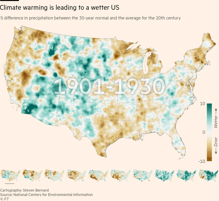Climate warming is leading to a wetter US. Map animation showing % difference in precipitation between the 30-year normal and the average for the 20th century 