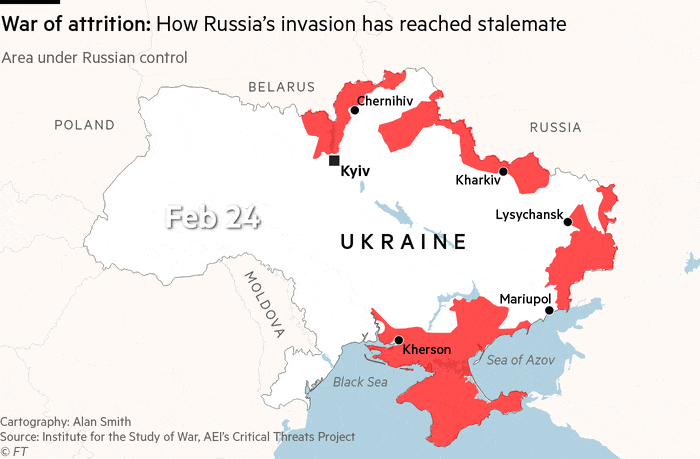 An animated map showing areas of Ukraine under Russian control through six months of war. Russia’s focus has shifted east, with the invasion reaching a stalemate in recent weeks