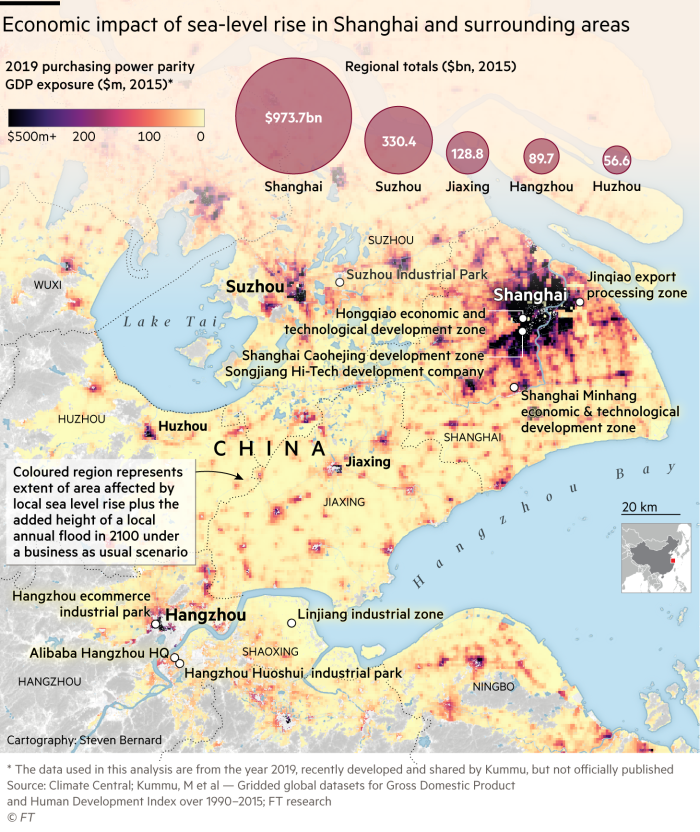 Economic impact of sea-level rise in Shanghai and surrounding areas. Map and charts showing 2019 purchasing power parity GDP exposure ($m, 2015) in areas affected by local sea level rise plus the added height of a local annual flood in 2100 under a business as usual scenario