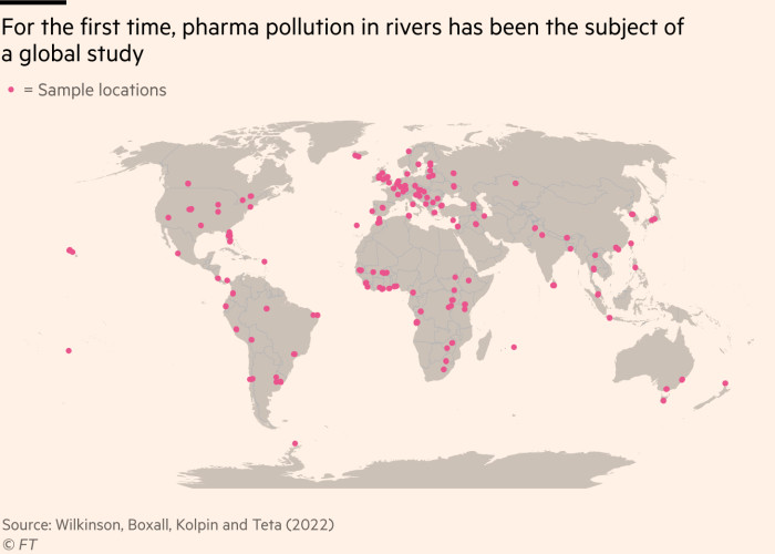 A world map showing the sample locations of a comprehensive study on pharmaceutical pollution in rivers. Dots are located on every continent (including Antarctica)