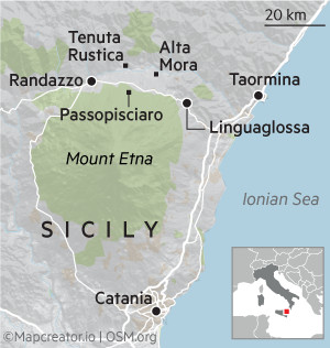 Map showing the location of key locations in an immersive gastronomic tour of Sicily