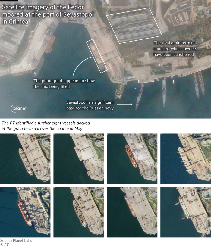 Satellite imagery of the Fedor moored at the port of Sevastopol in Crimea. The photograph appears to show the ship being filled at the Aval grain terminal complex. The FT identified a further eight vessels docked at the grain terminal over the course of May
