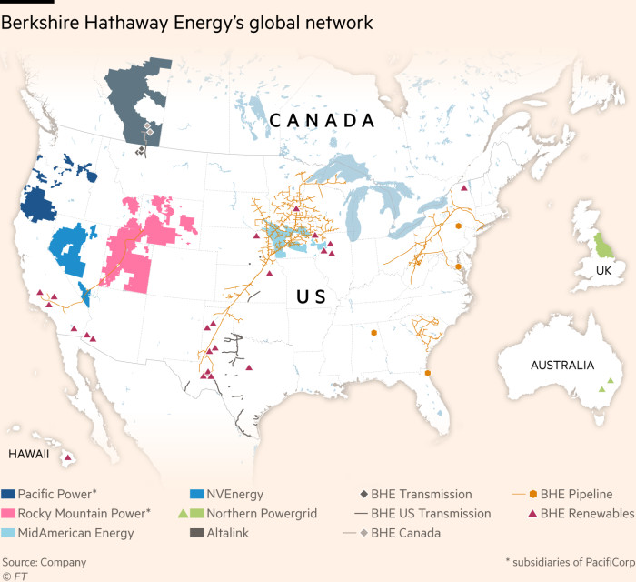 Map showing Berkshire Hathaway Energy’s global network. Majority of assets are in the US but also in Australia and the UK