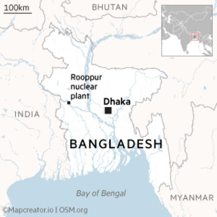 Map of Bangladesh showing the capital Dhaka and Rooppur nuclear plant