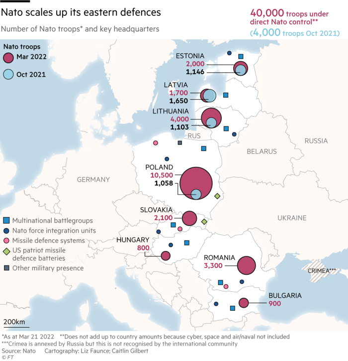 Nato scales up its eastern defences – map showing number of Nato troops and key headquarters in eastern Europe