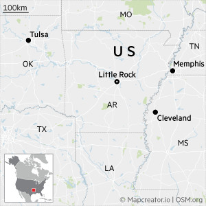 Map showing Tulsa in Oklahoma and Cleveland in Mississippi