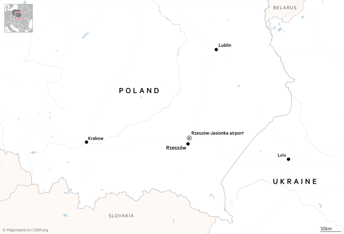 Map showing Rzeszów, the Rzeszów-Jasionka airport, Lublin and Krakow in Poland, as well as Lviv in Ukraine