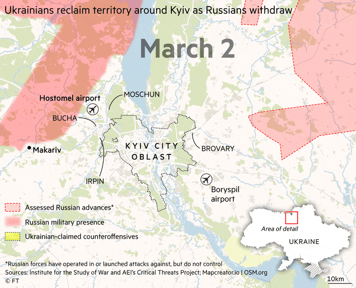 Map showing Ukrainian counteroffensive area around Kyiv