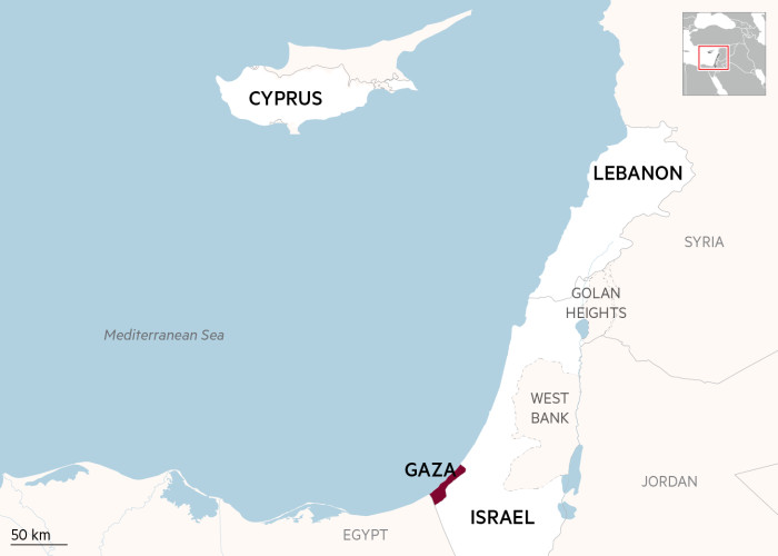 Locator map showing Cyprus, Lebanon, Gaza and Israel