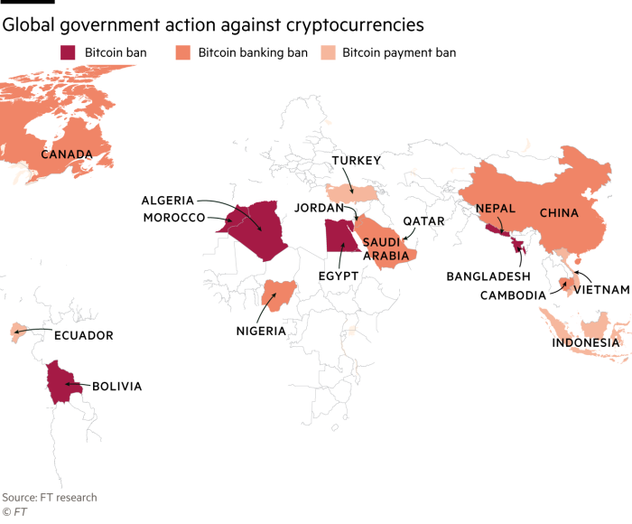 Map showing global government action against cryptocurrencies