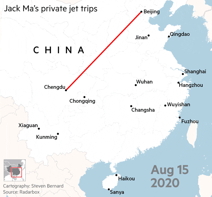 Maps showing flight logs show a dramatic slowdown in Jack Ma’s busy schedule.  Between August 15 and October 29 he flew once every 3 days. Between November 1 and February 26 hew flew once every 7 days.