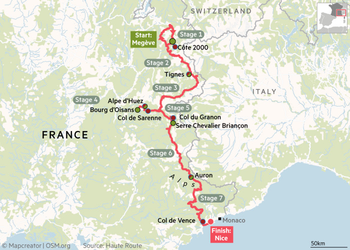 Map showing the Haute Route Alps cycling route, 2021 (the route of world’s premier amateur road cycling race)