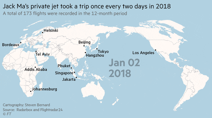 Map animation showing Jack Ma’s private jet took a trip once every two days in 2018A total of 173 flights were recorded in the 12-month period 