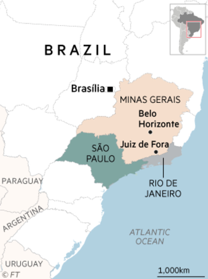Map of Brazil focussing on Minas Gerais