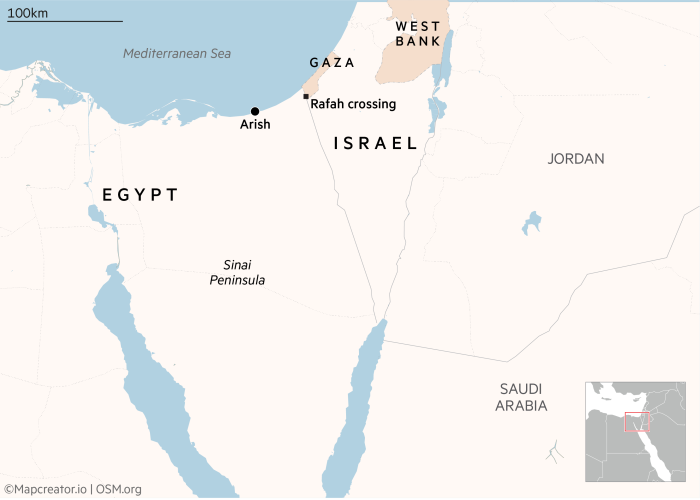 Map showing Egypt’s Sinai peninsula, Gaza and southern Israel