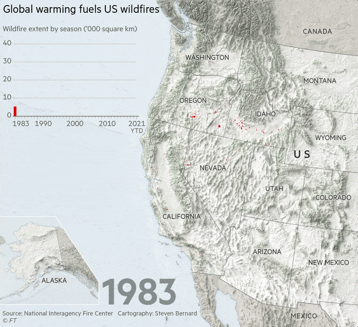 Map animation showing wildfires in western US since 1983.  1988 - The Yellowstone wildfires, burned for several months affecting 36% of the park  The 2004 fire season was the worst in Alaska’s history. More than 26,000 sq km were burnt, an area larger than the state of West Virginia  2020 - The August Complex fire was the largest wildfire ever recorded in California, burning 4,179 sq km. An area 5 times larger than New York City  2021 - The Dixie fire is now the second-largest wildfire in California’s history and still growing. As of August 12, 2,065 sq km of land have been burnt