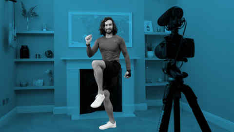 FT Montage. LONDON, ENGLAND - MARCH 23: Joe Wicks, aka The Body Coach, teaches the UK's school children physical education live via YouTube on March 23, 2020 from his home in London, England. Joe took to YouTube Live in response to the Covid-19 pandemic which has seen school children around the UK sent home. To keep the nations children active Joe will be teaching PE lesson's every week day from 9AM this week. (Photo by The Body Coach via Getty Images)
