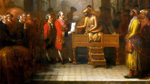1547012 Shah 'Alam conveying the grant of the Diwani to Lord Clive, August 1765 (oil on canvas) by West, Benjamin (1738-1820); British Library, London, UK; (add.info.: Major-General Robert Clive, 1st Baron Clive, KB MP FRS (25 September 1725 – 22 November 1774), also known as Clive of India, was a British officer and soldier of fortune who established the military and political supremacy of the East India Company in Bengal. He is credited with securing India, and the wealth that followed, for the British crown. Together with Warren Hastings he was one of the key early figures in the creation of British India. He also sat in a rotten borough as a Tory Member of Parliament in Great Britain.); © British Library Board. All Rights Reserved; American, out of copyright. PLEASE NOTE: Bridgeman Images works with the owner of this image to clear permission. If you wish to reproduce this image, please inform us so we can clear permission for you.