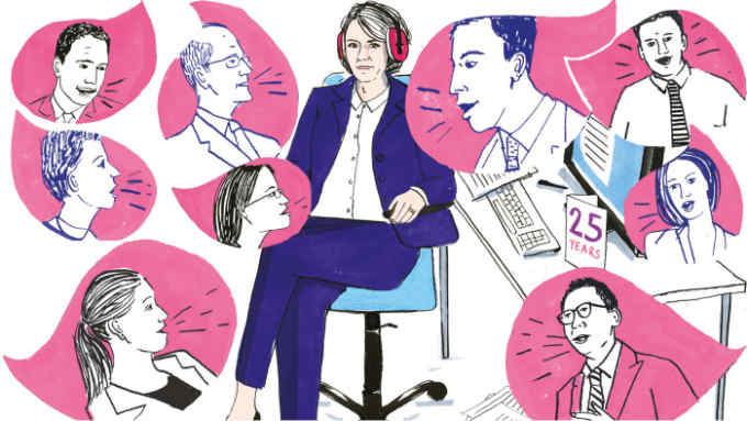 Illustration of Lucy Kellaway surrounded by babbling business people