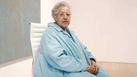 Howardena Pindell photographed for The FT at Victoria Miro gallery, London by Amara Eno.
