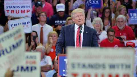 WILMINGTON, NC - AUGUST 9: Republican presidential candidate Donald Trump addresses the audience during a campaign event at Trask Coliseum on August 9, 2016 in Wilmington, North Carolina. This was TrumpÕs first visit to Southeastern North Carolina since he entered the presidential race. (Photo by Sara D. Davis/Getty Images)