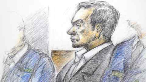 This courtroom sketch illustrated by Masato Yamashita depicts former Nissan chairman Carlos Ghosn attending his hearing at the Tokyo district court on January 8, 2019. - Former Nissan boss Carlos Ghosn said on January 8 he had been &quot;wrongly accused and unfairly detained&quot; at a high-profile court hearing in Japan, his first appearance since his arrest in November rocked the business world. (Photo by JIJI PRESS / JIJI PRESS / AFP) / Japan OUTJIJI PRESS/AFP/Getty Images