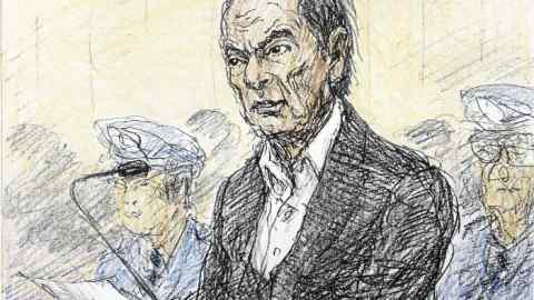 This courtroom sketch depicts former Nissan chairman Carlos Ghosn in a courtroom at the Tokyo District Court in Tokyo Tuesday, Jan. 8, 2019. Ghosn appeared in court on Tuesday and asserted his innocence while demanding the reason for his prolonged detention. The hearing was his first public appearance since his Nov. 19, 2018 arrest.(Nobutoshi Katsuyama/Kyodo News via AP)