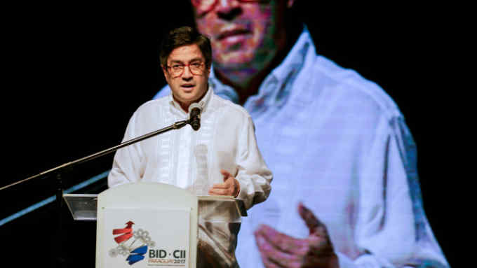 Luis Alberto Moreno, President of the Inter-American Development Bank, speaks in a business forum at the Annual Meeting of the Board of Governors of the Inter-American Development Bank in Luque, Paraguay, March 31, 2017. REUTERS/Jorge Adorno - RC1957757EA0