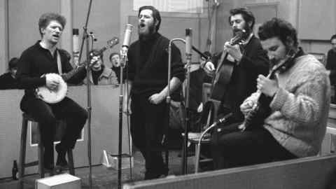 UNITED KINGDOM - JANUARY 01:  Photo of DUBLINERS; The Dubliners recording their very first LP - L-R Luke Kelly, Ciaran Bourke, Ronnie Drew and Barney McKenna  (Photo by Brian Shuel/Redferns)