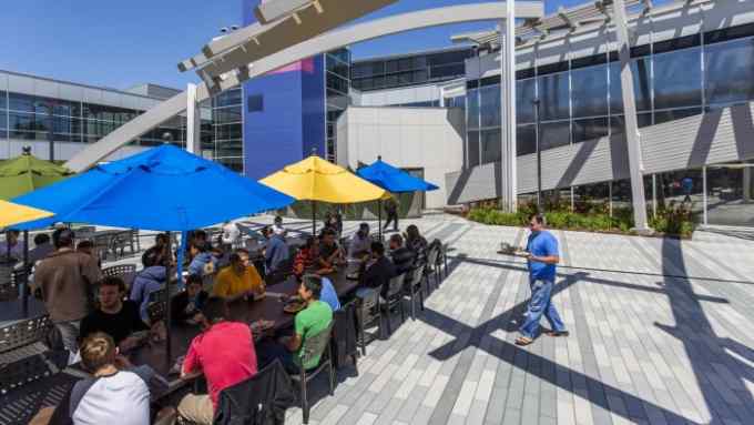 Google employees enjoy outdoor lunch at Charlie's Cafe at Google Headquarters in Mountain View, California. The Googleplex campus includes over 20 dining options that encourage a communal experience with group tables. (Photo by Brooks Kraft LLC/Corbis via Getty Images)