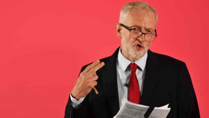 SALFORD, ENGLAND - SEPTEMBER 02: Labour leader Jeremy Corbyn speaks during a rally ahead of a shadow cabinet meeting on September 02, 2019 in Salford, England. The Labour leader is making a major speech about the battle to stop a No Deal Brexit. The weekend saw demonstrations all over the country against Boris Johnsons move to suspend parliament. (Photo by Anthony Devlin/Getty Images)