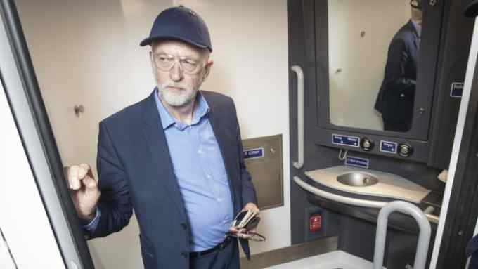 Labour leader Jeremy Corbyn in a disabled access toilet on a train, during a visit to Wabtec Rail in Doncaster. credit PA Images