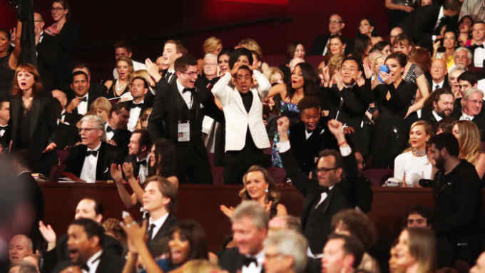 HOLLYWOOD, CA - FEBRUARY 26: Cast and crew of 'Moonlight' celebrate the win for Best Picture during the 89th Annual Academy Awards at Hollywood & Highland Center on February 26, 2017 in Hollywood, California. (Photo by Christopher Polk/Getty Images)