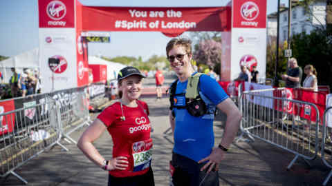 Laura Noonan and Patrick McGee at the starting line of London Marathon in east London on April 22, 2018.