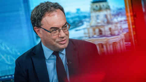 Andrew Bailey, chief executive officer of Financial Conduct Authority, speaks during a Bloomberg Television interview in London, U.K., on Tuesday, April 23, 2019. The Bank of England needs to do more to meet its diversity targets for senior roles, according to minutes from its February Court of Directors meeting. Photographer: Chris J. Ratcliffe/Bloomberg