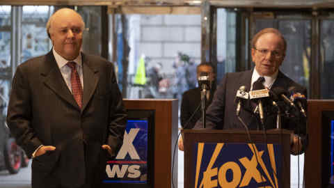 Russell Crowe, left, as Roger Ailes and Simon McBurney as Rupert Murdoch in topical Fox News drama ‘The Loudest Voice’
