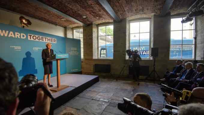© Licensed to London News Pictures. 18/05/2017. Halifax, UK.  British Prime Minister THERESA MAY speaking at the launch event for the Conservative Party manifesto at The Arches in Halifax, West Yorkshire. The Conservatives are the last of the three main parties to launch their manifesto ahead of a snap general election called for June 8, 2017. Photo credit: Ben Cawthra/LNP