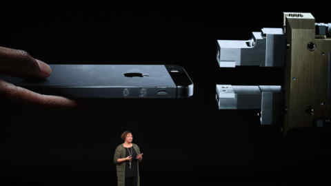 CUPERTINO, CALIFORNIA - SEPTEMBER 12: Lisa Jackson, Vice President of Environment, Policy, and Social Initiatives, speaks at an Apple event at the Steve Jobs Theater at Apple Park on September 12, 2018 in Cupertino, California. Apple is expected to announce new iPhones with larger screens as well as other product upgrades. (Photo by Justin Sullivan/Getty Images)