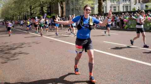 Patrick McGee photographed 600 metres away from the finish line of London Marathon in central London on April 22, 2018.