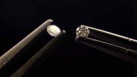 It is not possible to tell natural diamonds (left) from synthetic diamonds (right) with the naked eye