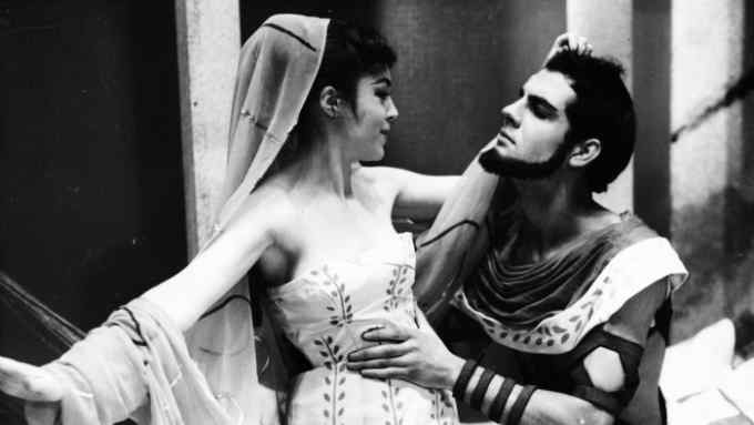 Portrait of actors Natasha Parry and Gary Raymond, in costume for the play 'Lysistrata', at the Duke of York Theatre, London, March 5 1958. (Photo by Edward Miller/Keystone/Getty Images)