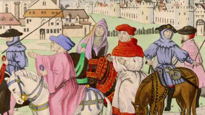 G3B2CA The pilgrims who narrated Chaucer's 'Canterbury Tales', a cross-section of the population, depicted in clothing suitable for an excursion in April Date: late 15th century
